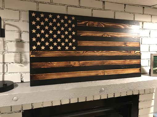 Custom Made Modern Rustic American Wooden Flag Charred Black Stripes 20" X 37"
