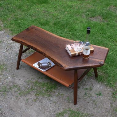 Custom Made Walnut Coffee Table - Live Edge - With Hand Stitched Leather Magazine / Book Shelf