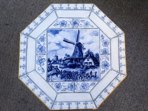 Custom Made Delft Pedistal Table Painted With Faux Tiles