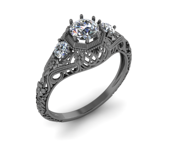 buy a hand made filigree diamond black 14k gold 3 stone ring antique