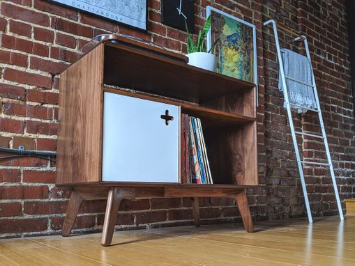 Custom Made Record Player Cabinet With Receiver Slot | Turntable Stand | Vinyl Storage In Solid Walnut