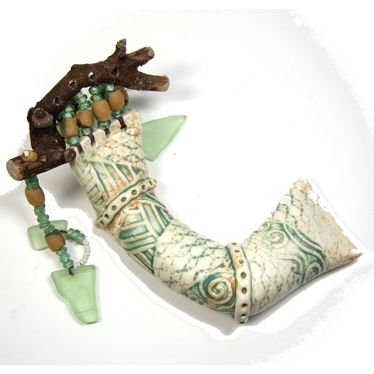 Buy Hand Made Handmade Ceramic Clay Rattle Snake With Found Wood Handle And Bead Adornment, made