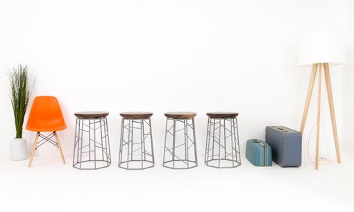 Custom Made Modern Walnut And Powdercoated Steel Geometric Barstools - Set Of 4