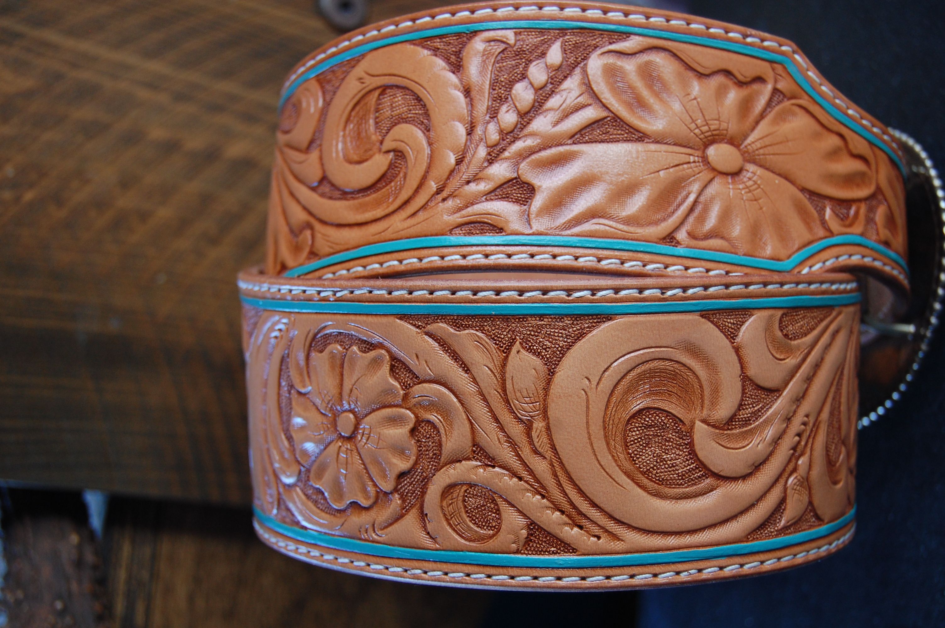 Hand Crafted Ladies' Hand Tooled & Colored Wide Belt by Bar C Saddlery ...