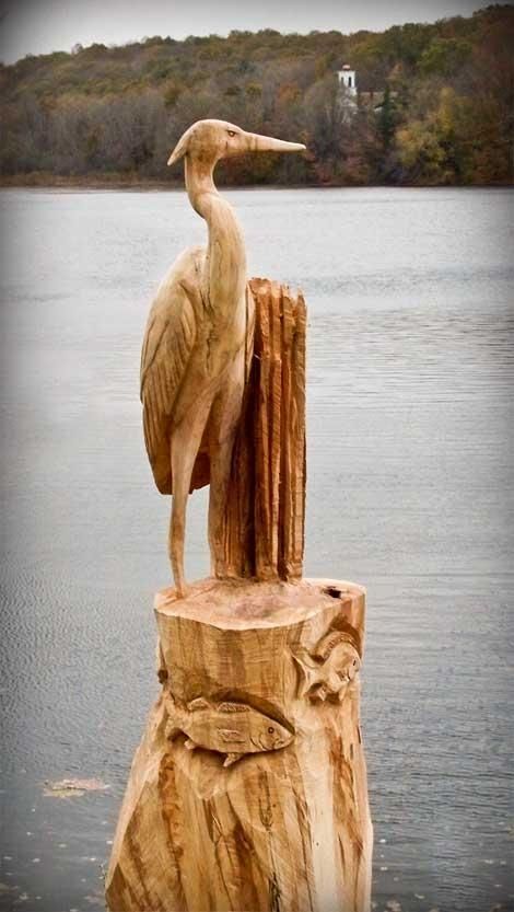 Handmade Blue Heron With Fish Stump Carving by Custom 