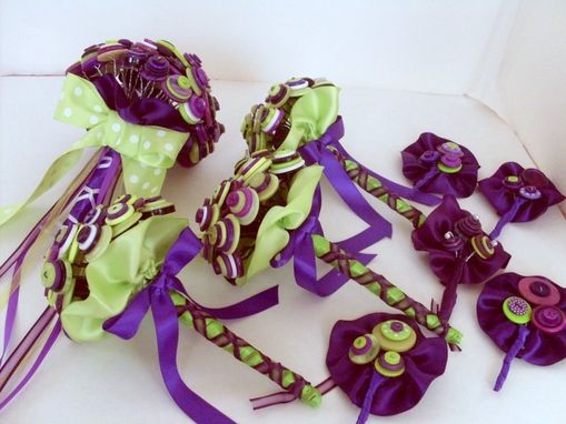Custom Made Button Wedding Bouquet In Purple And Green