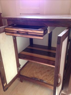 Custom Made Walnut And Maple Bar With Drawer, Adjustable Shelves, And Fold Out Side Table