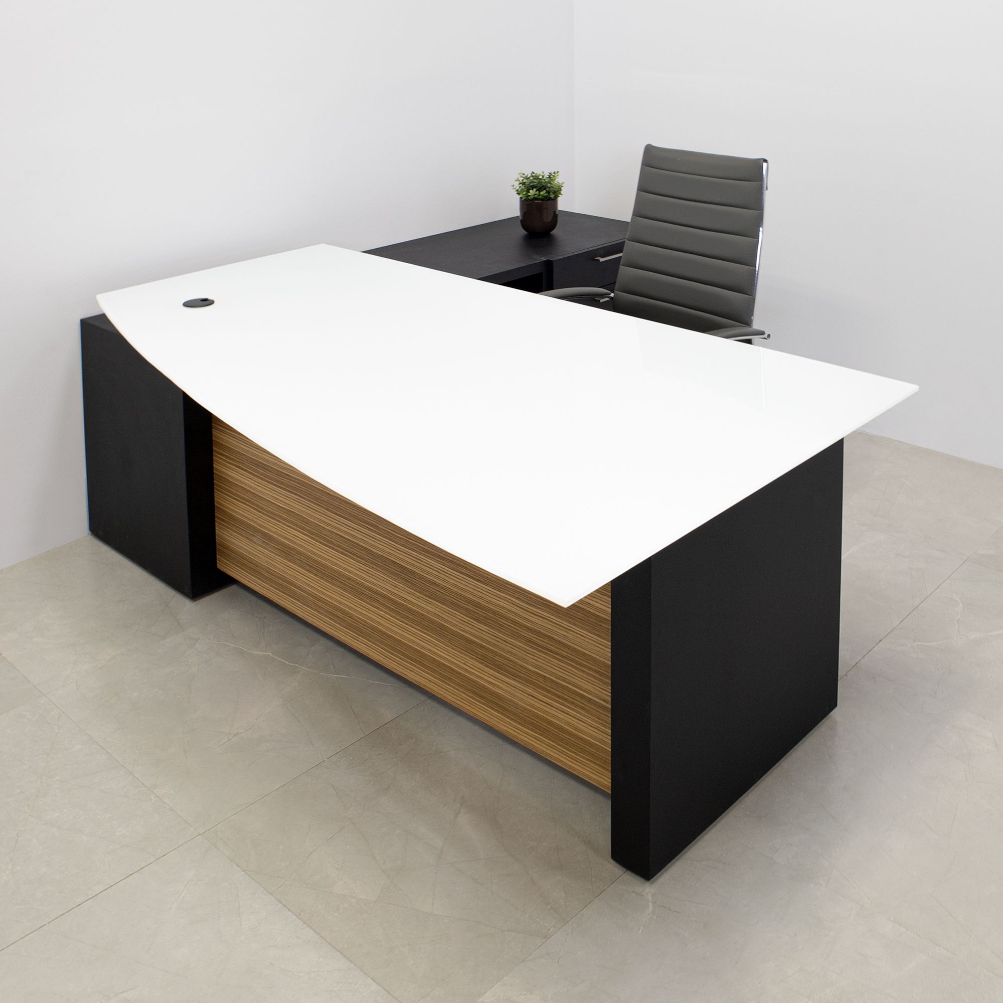 Hand Crafted Custom Executive Office Desk With Credenza, Tempered Glas