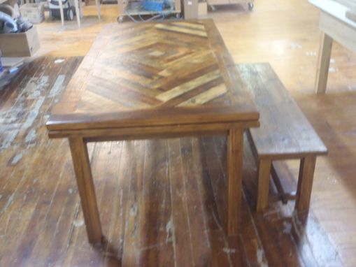 Custom Made Reclaimed Farmers Table With Herringbone Pattern And Leaves
