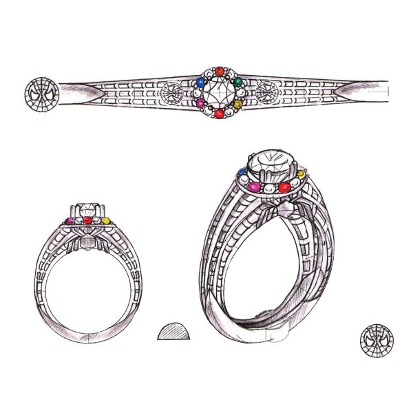 The ultimate Spider-Man inspired engagement ring is chock-full of Spidey imagery and even contains accent gems that resemble infinity stones.
