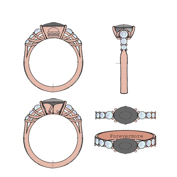 An oval cut opal sits in an east-west setting on this rose gold engagement ring.