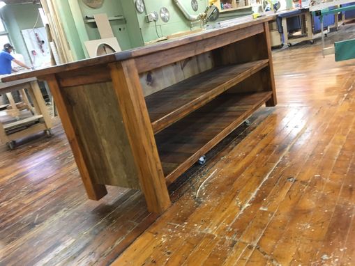Custom Made Reclaimed Kitchen Island With Open Shelving And Wood Top