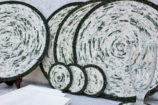Custom Made Fabric Placemat Set (4) - Fabric Wrapped Clothesline - Coiling - Dk Green/Ivory