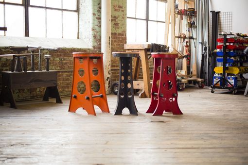 Custom Made Southern Industrial Design Bar Stool With Reclaimed Wood Seat, Custom Cutouts And Distressed Finish