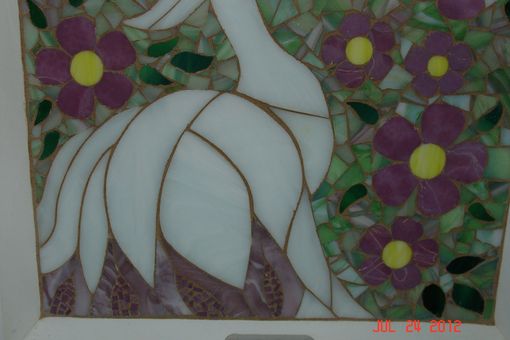 Custom Made Mosaic Stained Glass White Bird Surrounded By Pink Flowers With Soft Green Backround