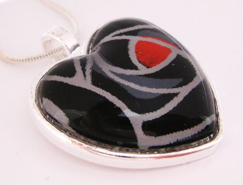 Custom Made Glass Heart Pendant With Black Rose Design