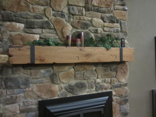 Custom Made Knotty Alder Beam Mantel With Thick Hand Hammered Straps