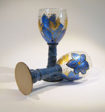 Custom Made 2 Hand Painted 20 Oz. White Wine Goblet With Stoneware Pottery Glazed Stem