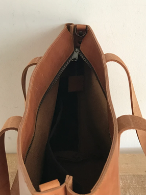 Custom Made Camel Leather Tote Bag With Large Outside Pocket. Cap Sa Sal Bag.