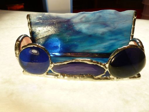 Custom Made Unique Blue And Purple Stained Glass Business Card Holder With Agate Geode