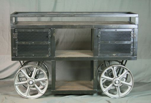 Custom Made Reclaimed Wood Industrial Trolley Bar Cart - Storage Console, Sofa Table, Tv Stand.