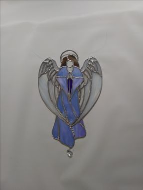 Custom Made Guardian Angel In Iridescent Sky Blue Stained Glass- Sun Catcher