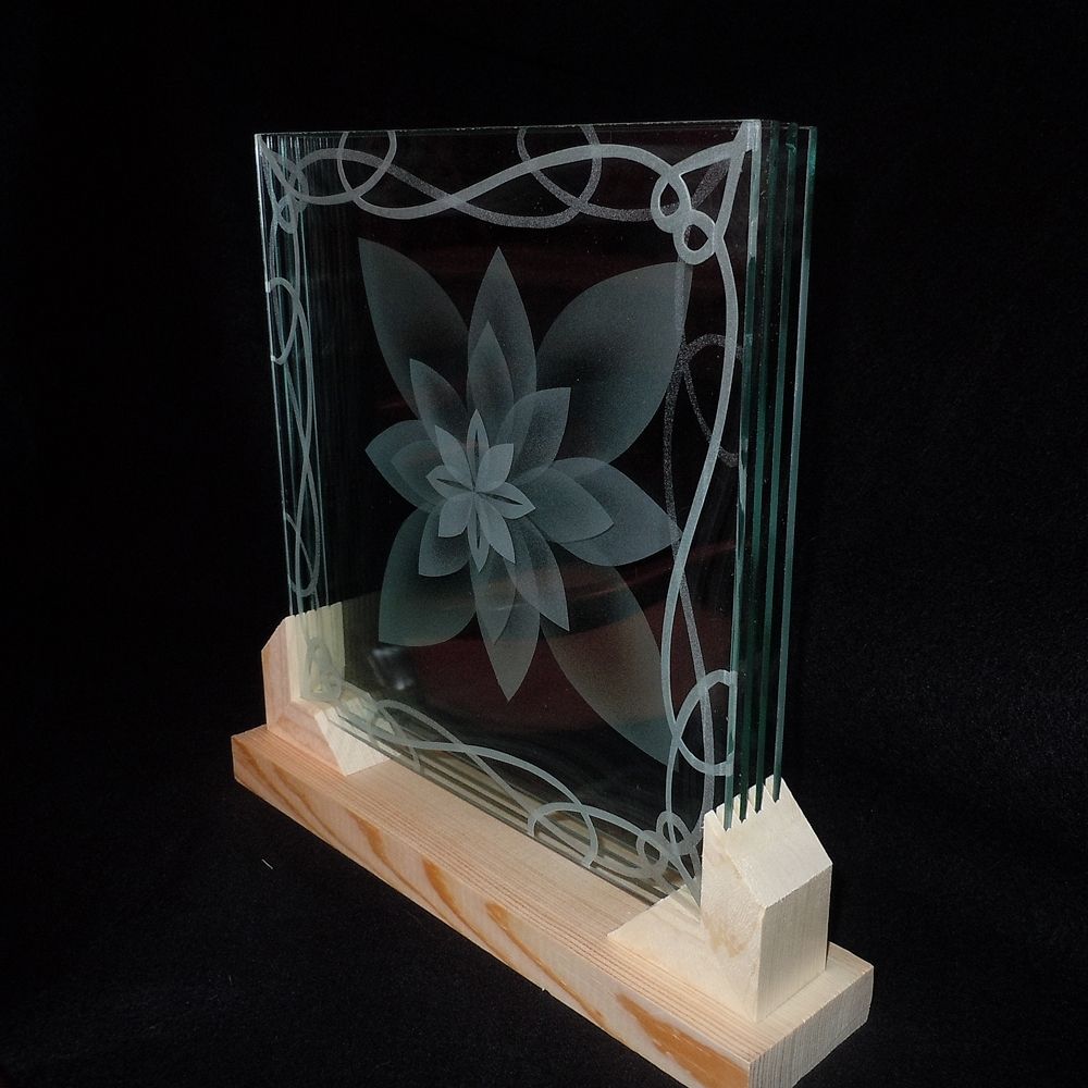 Hand Crafted Layered Stacked Glass Lotus Flower 3d Etching In Display