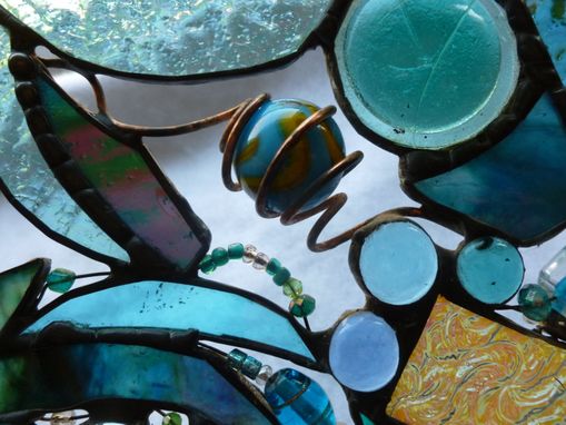 Custom Made Turquoise-Themed Stained Glass Mixed Media Panel "Lost In Turquoise And Loving It''