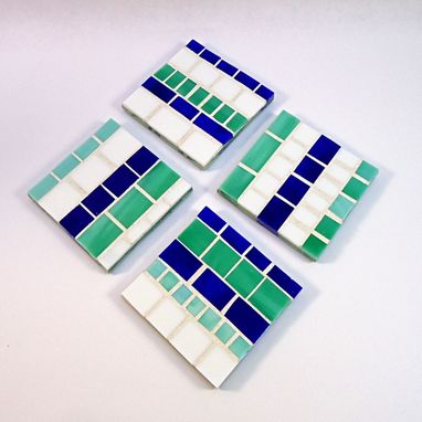 Custom Made Set Of 4 Mosaic Glass Coaster Set In Blue, Teal, & White