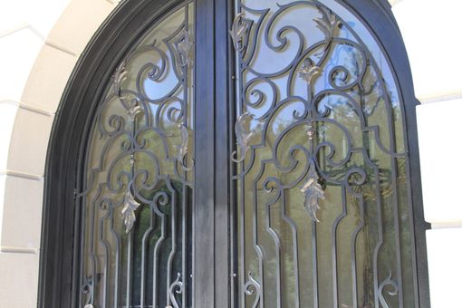 Custom Made Hand Forged Wrought Iron Front Entry French Doors Steel Scrolls Bronze Handles