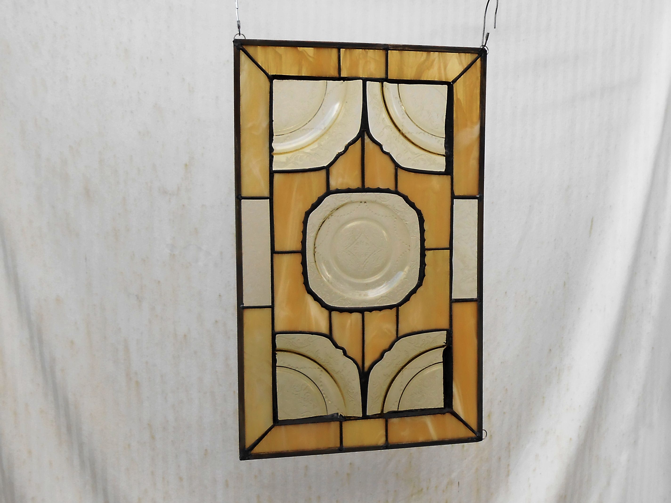 Custom Made Stained Glass Plate Panel 1930s Depression Glass Madrid