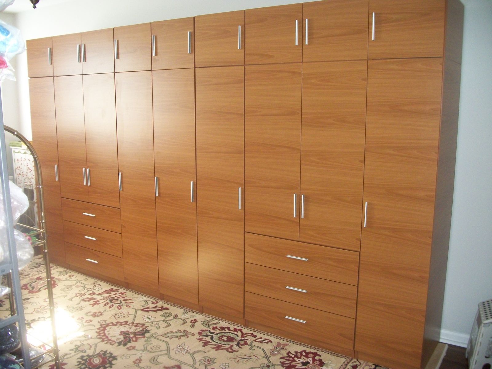 Handmade Honey Maple Matte Finish Complete Wall Wardrobe Closet Custom Made Honey Maple Matte Finish Complete Wall Wardrobe Closet Storage Solution With A