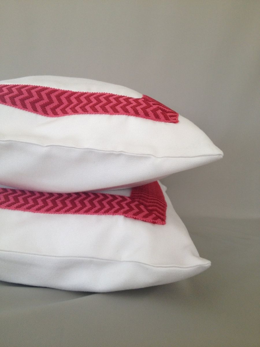 Hand Made White With Hot Pink Trim Pillow Cover by Fenia's Workroom