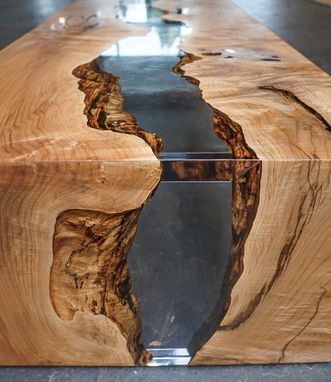 Custom Made Figured Maple Epoxy River Coffee Table With Waterfall Leg