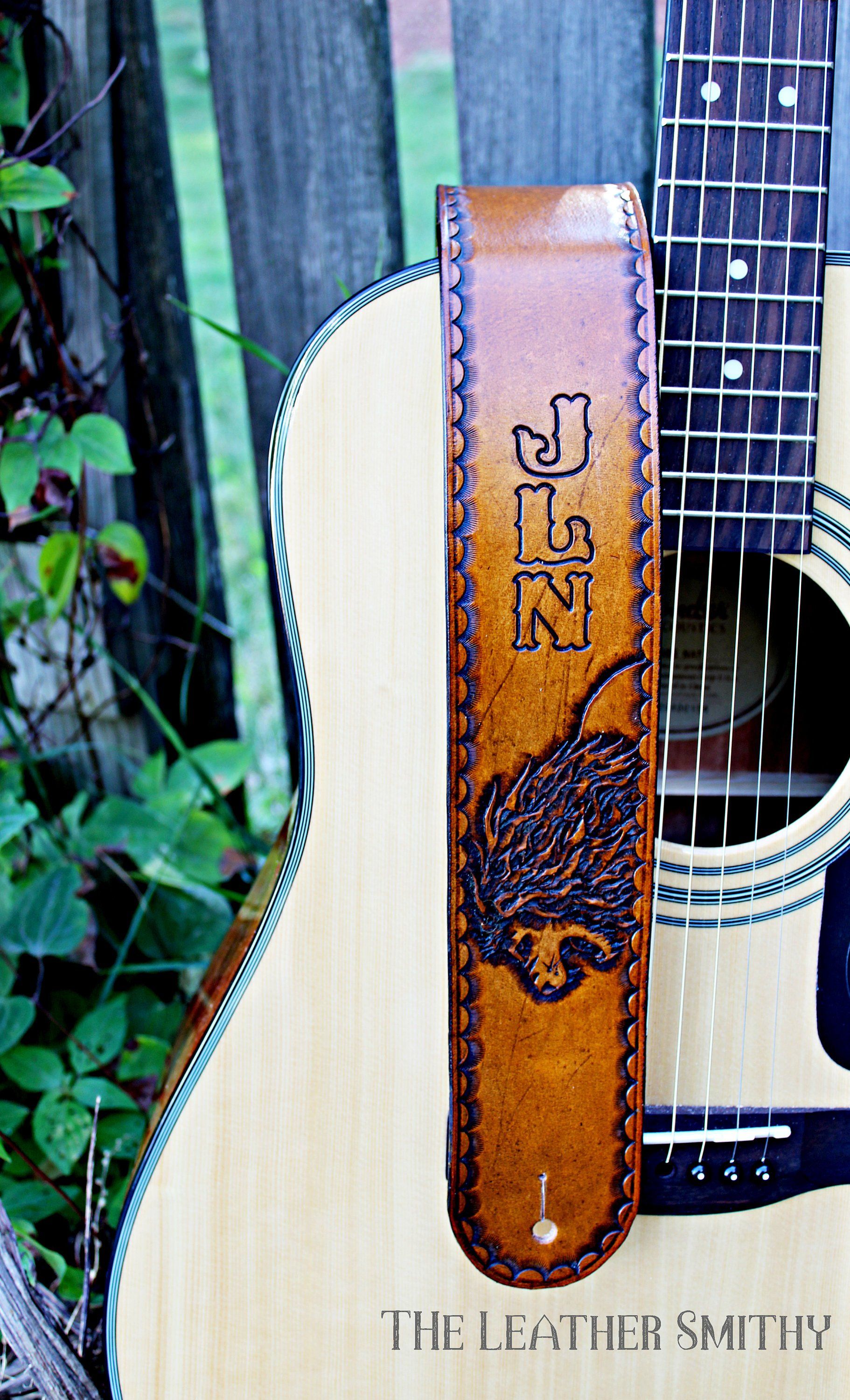 Buy Hand Crafted Hand Tooled Lion Adjustable Leather Guitar Strap, made