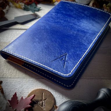 Custom Made Italian Leather Scorecard Holder For Golf In Royal Blue & Natural Tan Leather