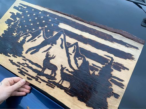 Custom Made Handmade American Flag Sign With Buck And Doe