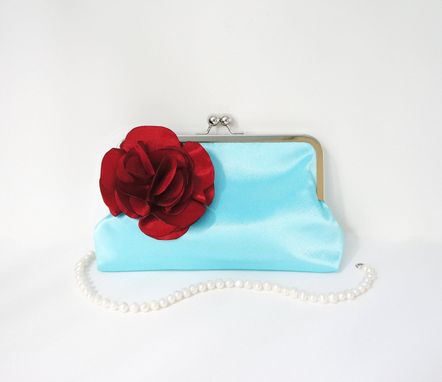 Custom Made Blue Minimalist Clutch Purse With Flower Accent