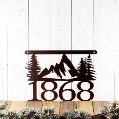Custom Made House Number Plaque With Mountains And Pine Trees, Metal Sign, Cabin Signs, Lake House Decor, Rustic