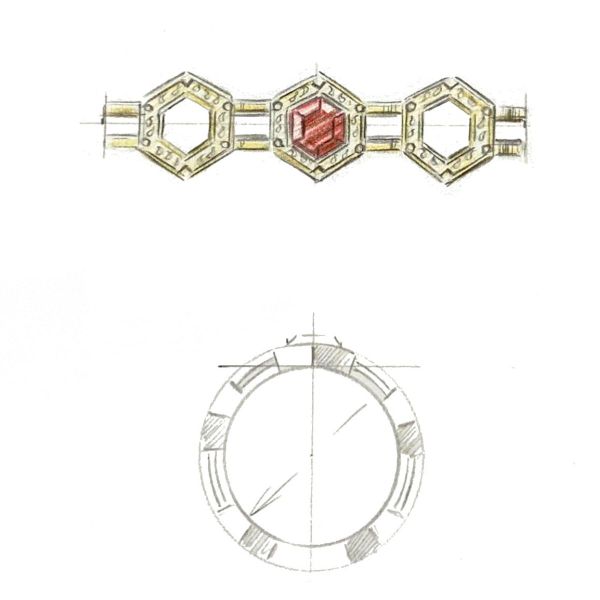 The hexagonal garnet is the center of power in this statement ring inspired by Melisandre’s necklace.