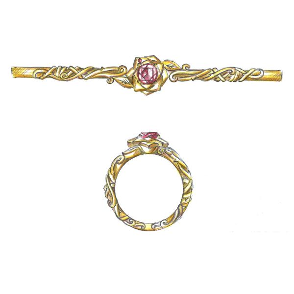 A deep red ruby sits in a bold yellow gold rose petal setting to create a stunning rose engagement ring.