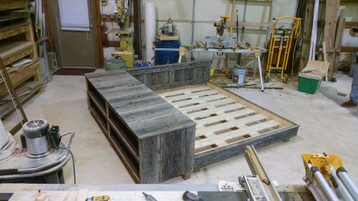 Custom Made Platform Bed With Side Hutch In Reclaimed Oak Barn Wood