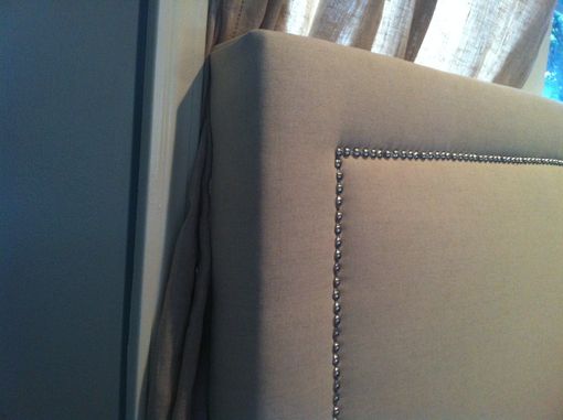 Custom Made Camelback Upholstered Headboard, Natural Linen, Silver Nailhead