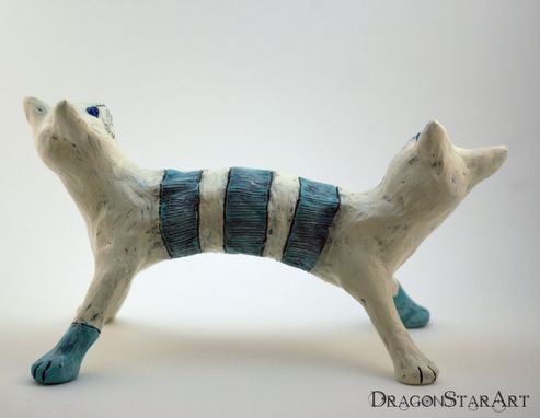 Custom Made Clay Cat Sculpture Art Object Blue Beige Monster Janus
