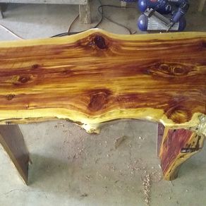 62' Live Edge Red Cedar Wood Bench With Red Flame Epoxy Accents