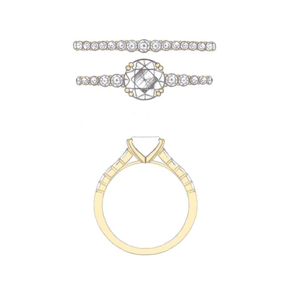 Yellow gold double-prongs hold a dazzling diamond as more pavé-set diamonds light up the shoulders of the engagement ring and the matching wedding band.