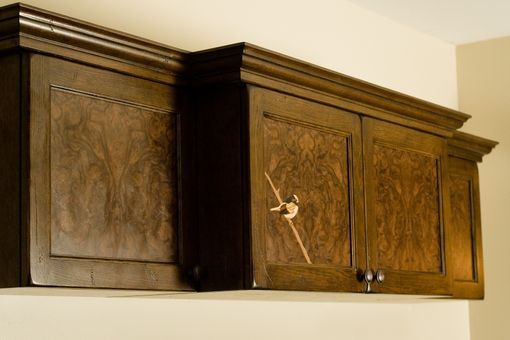 Custom Made Media Cabinet Made From White Oak And Walnut Burl With Marquetry Inlay Accent