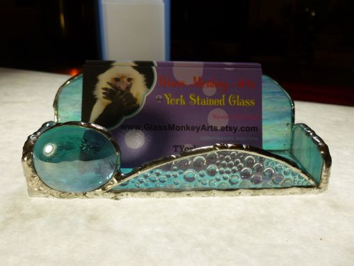 Custom Made Iridescent Light Blue Stained Glass Business Card Holder