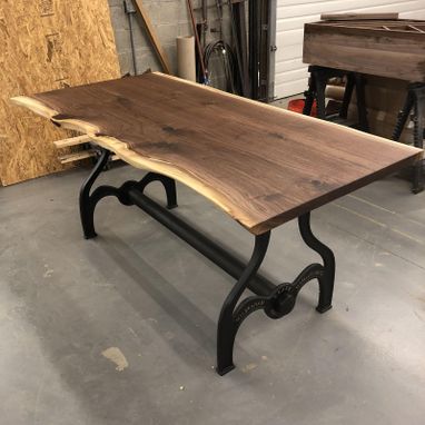 Custom Made Black Walnut Dining Room Table // Live Edge Slab // Vintage Iron Base
