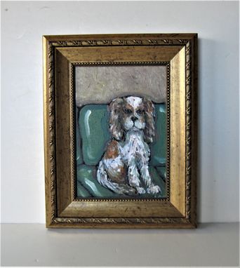 Custom Made Original Gold Framed King Charles Cavalier Spaniel Dog Painting, 7 1/4" X 9 1/2"